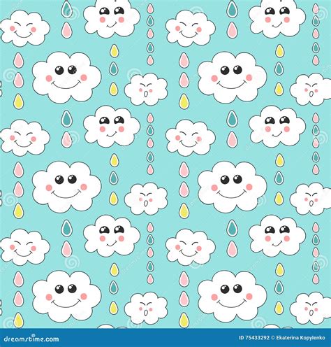 Cute Cloud And Rain Drop On Blue Background Seamless Pattern Stock