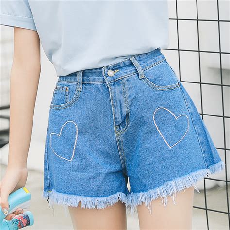 Aesthetics Heart Denim Shorts With Hem On Storenvy