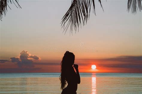 Silueta De La Mujer Joven Con El Pelo Largo En Bikini En Sorprender Puesta Del Sol Tropical Foto