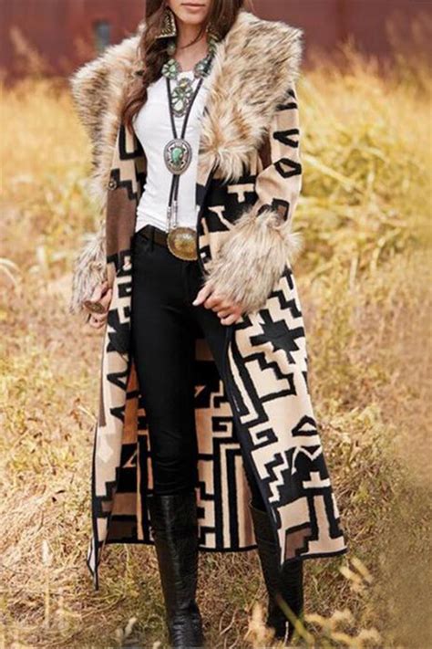 Geometric Pattern Faux Fur Collar Trench Coat Long Sleeve Outerwear