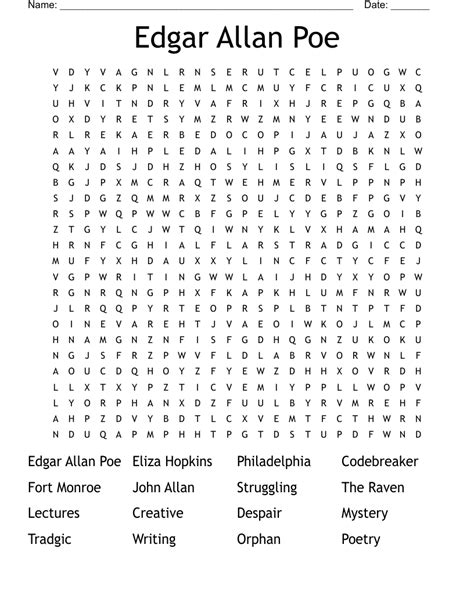 Edgar Allan Poe Word Search WordMint