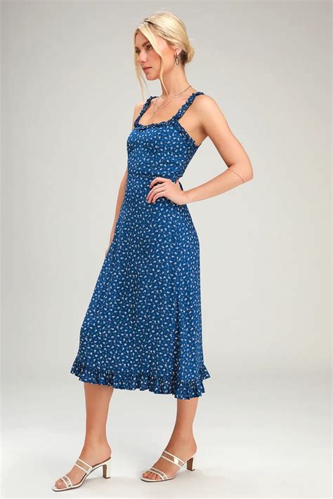 Faithfull The Brand Noemie Navy Blue Floral Print Dress Midi