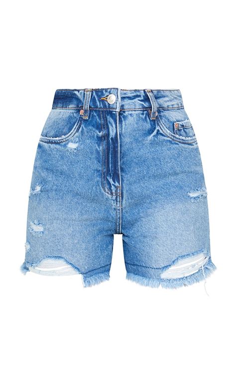 Mid Blue Wash Frayed Hem Denim Short Denim Prettylittlething Usa