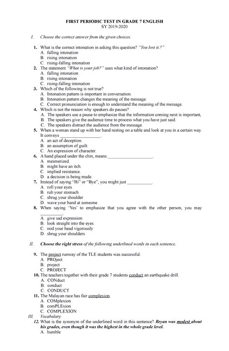 1st Periodic Test English 7 First Periodic Test In Grade 7 English