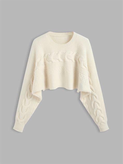 Cable Knit Round Neckline Solid Long Sleeve Top Cider