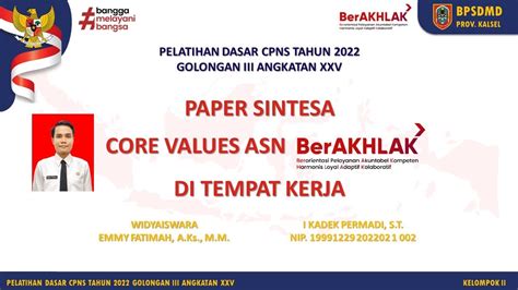 Paper Sintesa Core Values Asn Berakhlak Di Tempat Kerja Latsar Cpns 2022 Bpsdmd Prov Kalsel