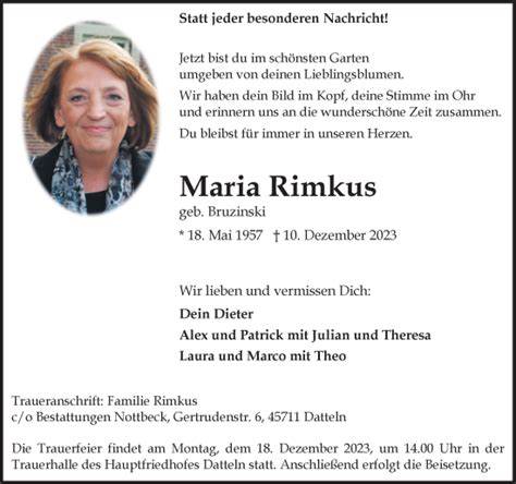 Traueranzeigen Von Maria Rimkus Sich Erinnern De