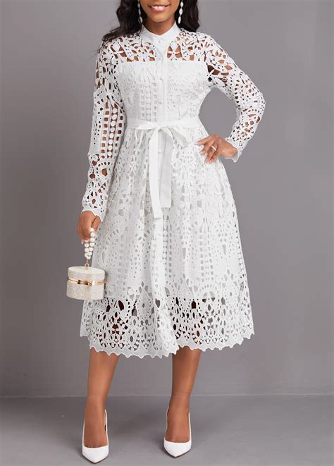 Lace Belted White Stand Collar Long Sleeve Dress Rosewe USD 51 98