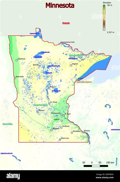 Physical Map Of Minnesota With Mountains Plains Bridges Rivers