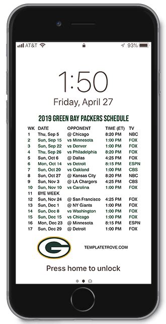 2019 2020 Green Bay Packers Lock Screen Schedule For Iphone 6 7 8 Plus