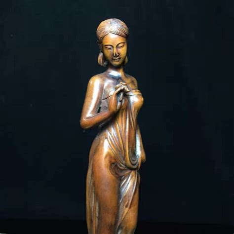 Exquisite Old Beijing Boxwood Carved Bathing Beauty Female Nude Statue