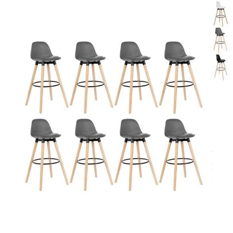 Lot De 8 Tabourets De Bar Scandinaves Gris OHMG Pieds En Bois De