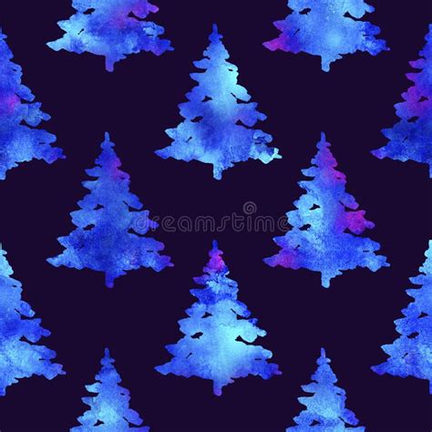 XMAS Watercolour Fir Tree Seamless Pattern In White Color On Dark Blue