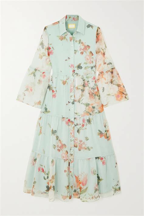 Erdem Isbel Tiered Floral Print Silk Chiffon Midi Shirt Dress Green