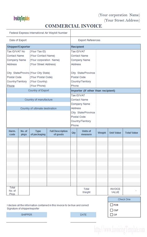 Commercial Invoice Fedex Style Export Invoice Template Within Proforma