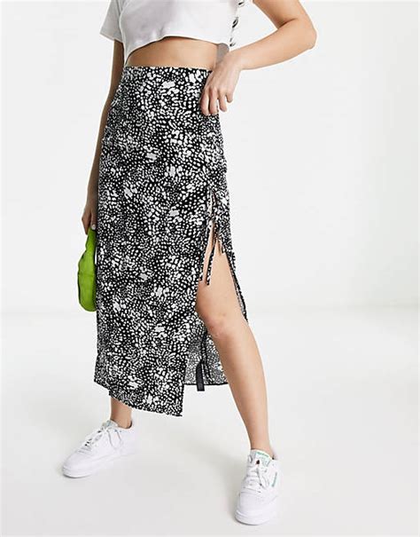 Asos Design Bow Detail Midi Skirt With Thigh Split In Mono Smudge Print Asos