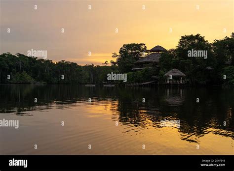 Reflexión de la selva amazónica al atardecer Parque Nacional Yasuní