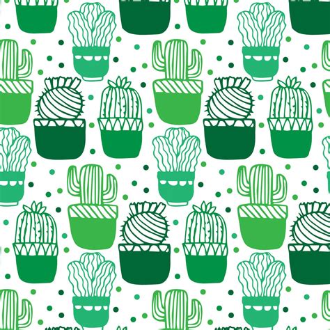 Vector Seamless Pattern With Different Cactus Bright Repeated Texture With Green Cacti Natural