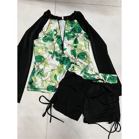 Đồ bơi nữ tay dài hoa lá quần rút dây sành điệu Bikini đi biển kín đáo có tay vải đẹp Shopee