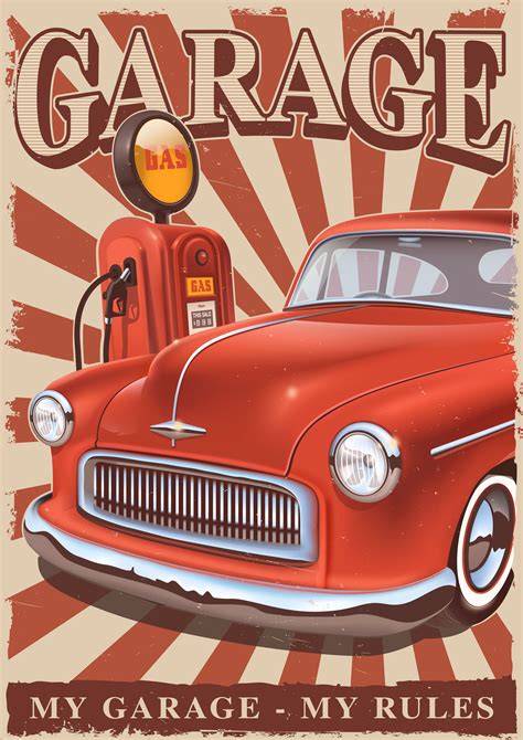 Vintage poster with classic car and old gas pump. 539368 Vector Art at Vecteezy