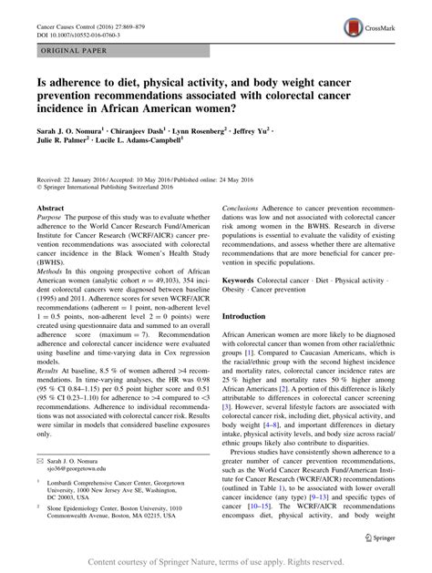 Is Adherence To Diet Physical Activity And Body Weight Cancer