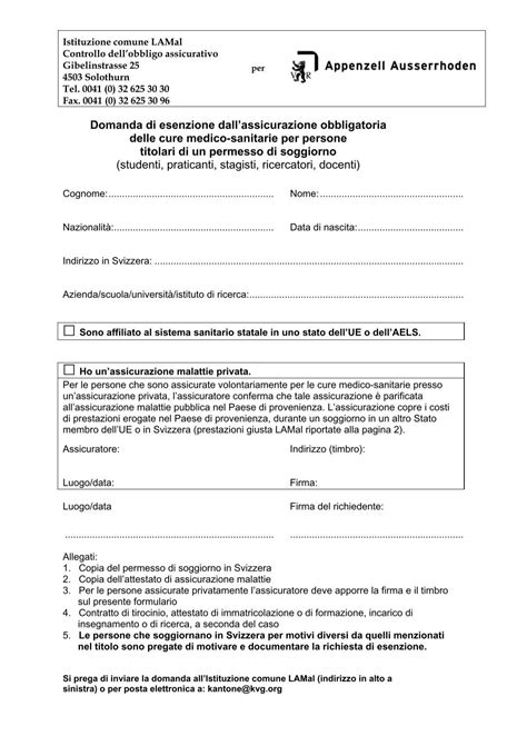 Domanda di esenzione dall'assicurazione obbligatoria delle cure