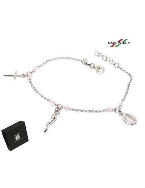 NALBORI Bracciale Rosario In Argento 925 Madonna Cornetto Croce Rosa