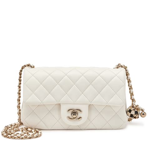 Chanel White Quilted Lambskin Mini Flap Bag With Pearl Crush Chain Pale