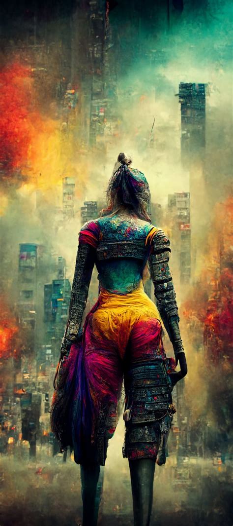 A Woman Standing In Front Of A City Filled With Fire