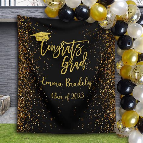 Graduation Backdrop Black Gold Glitter Graduation Party Etsy