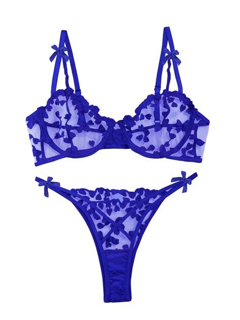 Lilosy Plus Size Sexy Cute Underwire Push Up Strappy Heart Embroidered Mesh Sheer Lingerie Set