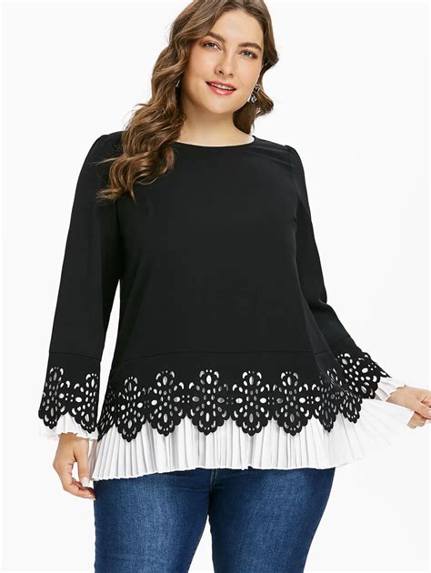 Wipalo Plus Size Cutwork Hem Color Block Top Women Long Sleeve O Neck