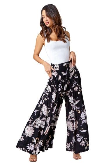 Roman Black Floral Elastic Waist Wide Leg Palazzo Trousers Matalan