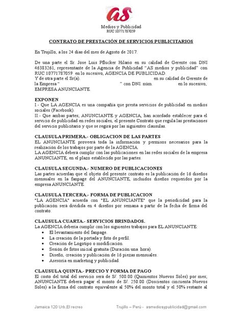 Contrato De Prestación De Servicios Publicitarios Publicidad Business Prueba Gratuita De