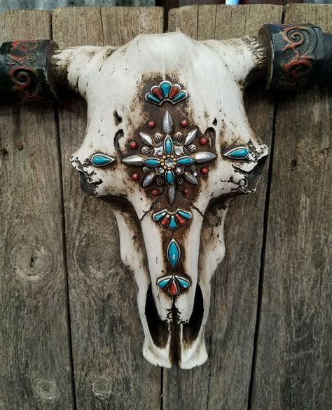 Rustic Western Cow Skull With Turquoise Embellishments Home