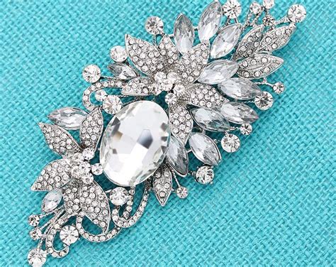 Bridal Dress Pin Sash Brooch Large Crystal Silver Brooch Long