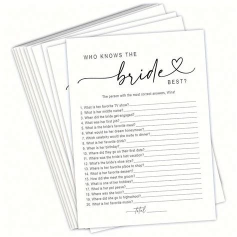 20pcs Bridal Shower Games Who Knows The Bride Best Cards Fun