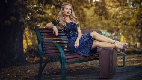 Blonde Looking At Viewer Bench Blue Dress Model Long Hair