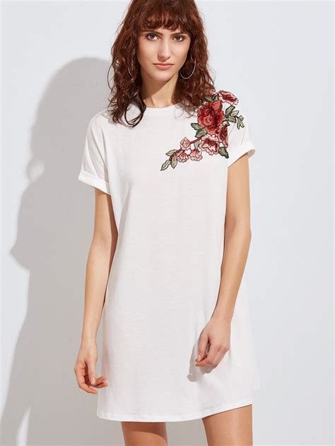 White A Line Embroidered Flower Applique Dress Floral Shirt Dress