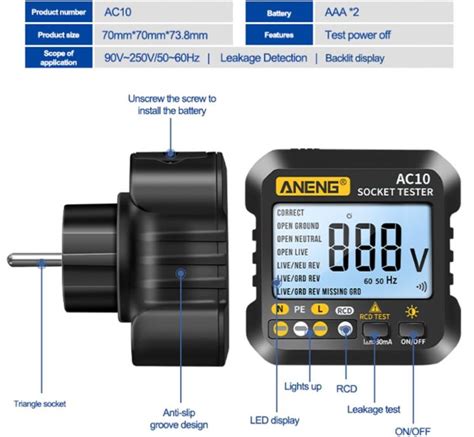 Tester RCD LCD 30mA šuko 220v utičnica Detektor Faza Nula Zemlja