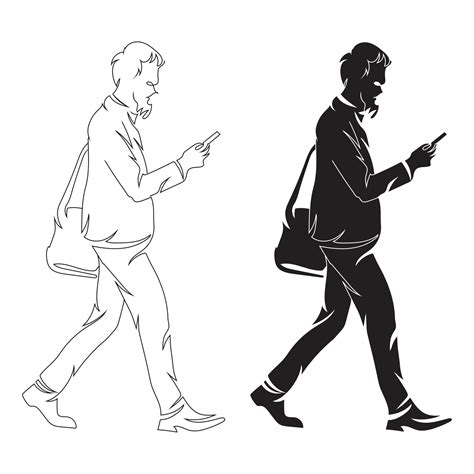 Man Walk And Seen His Phone Line Art Drawing Style The Man Sketch