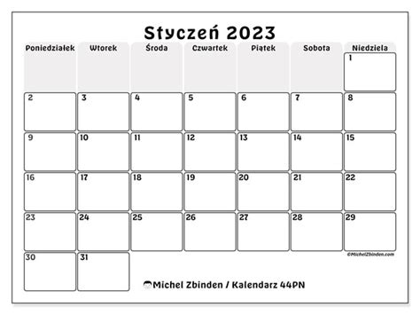 Kalendarz styczeń 2023 do druku 77PN Michel Zbinden PL