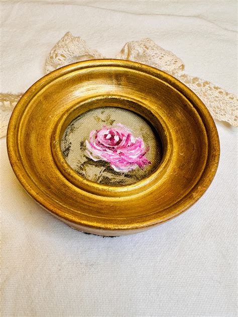 Framed Original Pink Rose Oil Painting Round Ribbon Art In Vintage