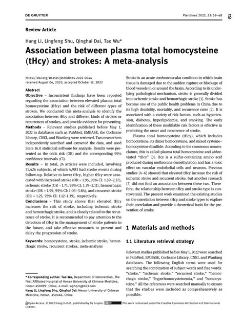 Pdf Association Between Plasma Total Homocysteine Thcy And Strokes