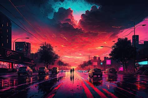 Premium Ai Image Neon Night City Crossing With Dramatic Sunset In The