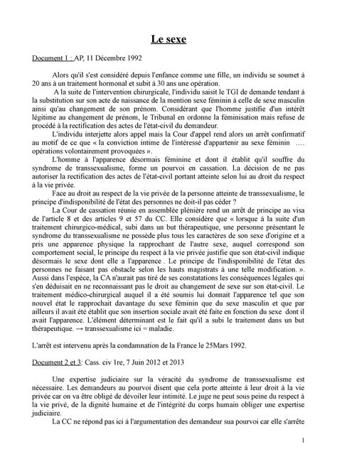 Td 6 Le Sexe Le Sexe Document 1 Ap 11 Décembre 1992 Alors Qu Il S Est Considéré Depuis