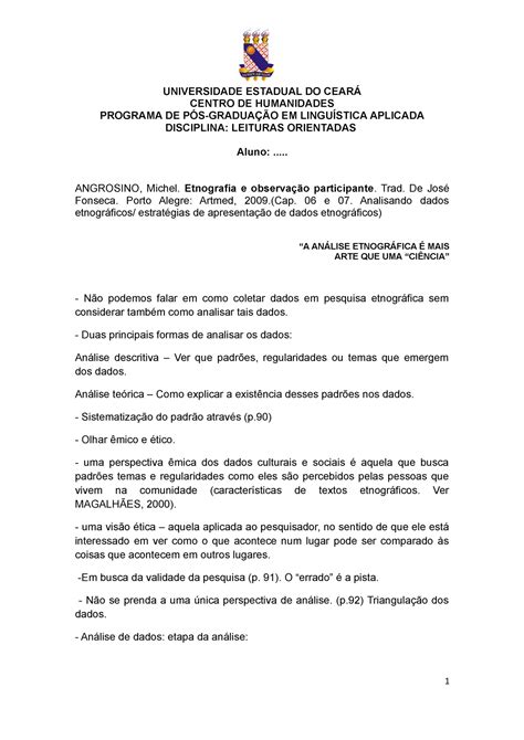 Exemplo Handout Resumo Etnografia e observação participante Coleção