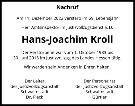 Traueranzeigen Von Hans Joachim Kroll Trauer HNA De