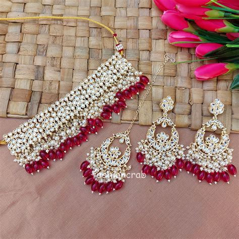 Rani Pink Pearl Kundan Set For Saree FashionCrab