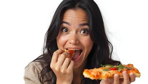 A Woman Eating A Slice Of Pizza With The Word Pizza On It Premium Ai